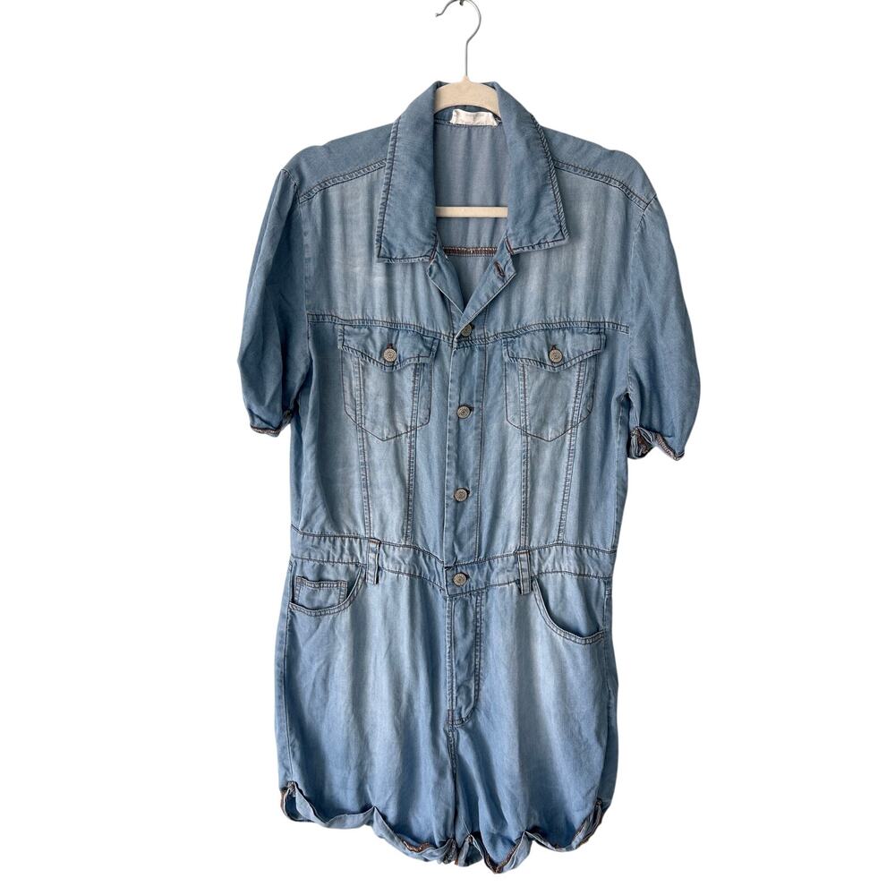 Zenana Chambray Relaxed Fit Short Sleeve Romper Large